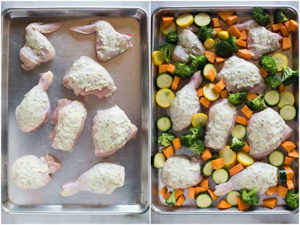 Sheet pan with raw chicken pieces smothered in compound butter mixture next to another pan where chopped vegetables are added to the sheet pan, ready to go in the oven for roasting. 