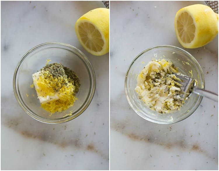 Ingredients for compound butter including softened butter, rosemary and lemon zest in a small glass bowl next to a photo of them being mixed together with a fork.