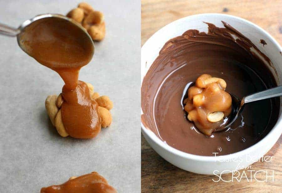 A split image; on the left, caramel being poured onto a group of cashews; on the right, the cashew cluster being dipped in chocolate.