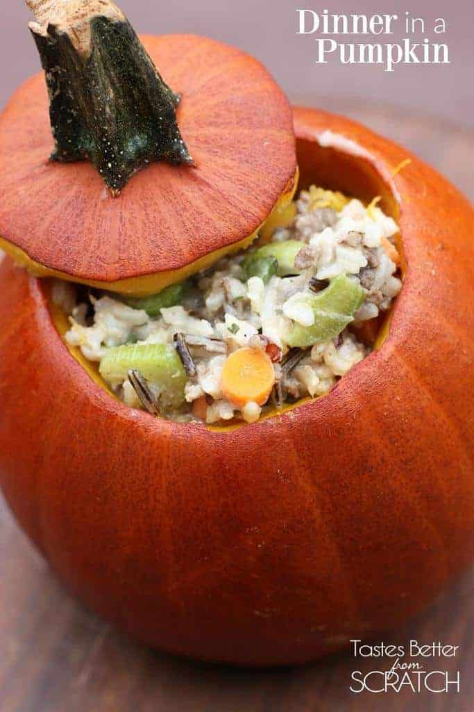 Dinner in a Pumpkin-- a delicious, hearty rice casserole baked inside a delicious pumpkin!