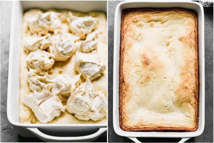 Gooey butter cake topping added on dough in pan and then baked.