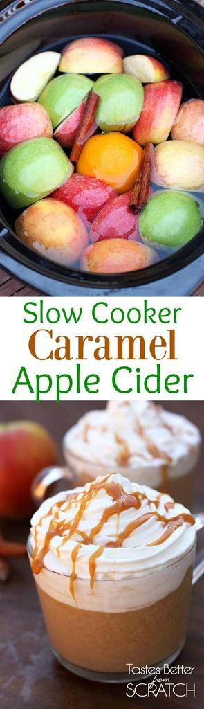 Slow Cooker Caramel Apple Cider is a fun and easy holiday drink the whole family will love! Recipe from Tastes Better From Scratch