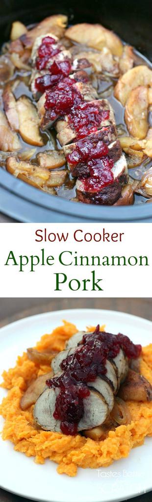 Slow Cooker Apple Cinnamon Pork Loin served with cranberry sauce and sweet potatoes. This slow cooker pork is the BEST easy dinner. Perfect fall comfort food recipe. | Tastes Better From Scratch