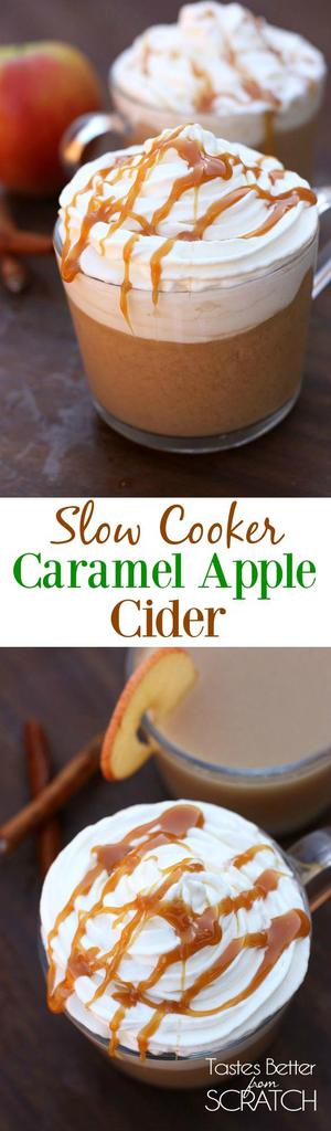 Slow Cooker Caramel Apple Cider is a fun and easy holiday drink the whole family will love! Recipe from Tastes Better From Scratch