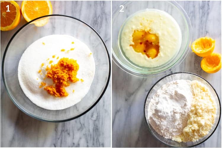 Mixing bowl with sugar and orange zest and another photo of two mixing bowls with eggs and milk, flour and sugar.