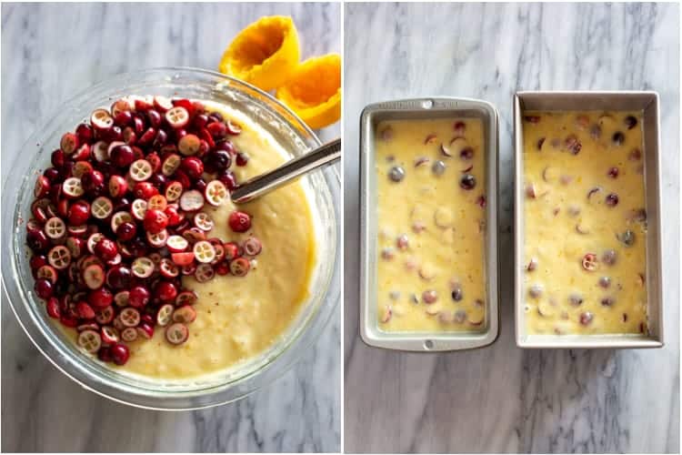 Batter for cranberry orange bread in a bowl with fresh sliced cranberries added on top.