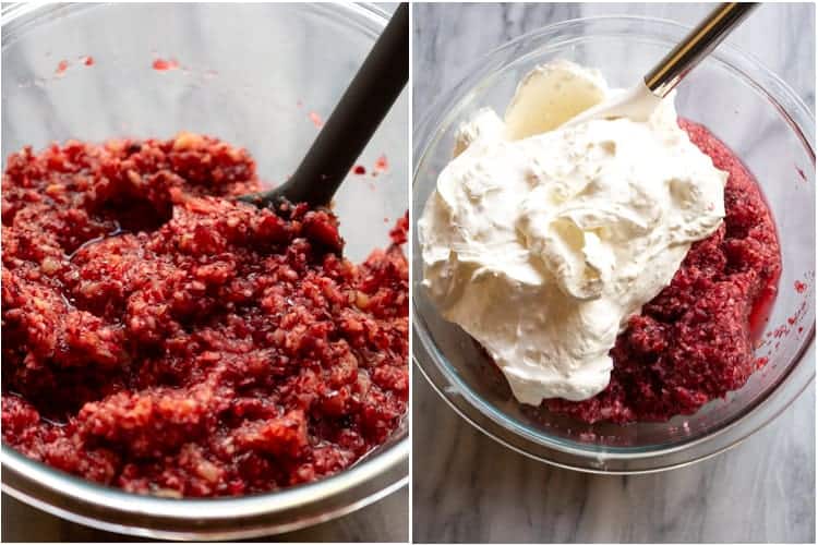 Crushed cranberry mixture in a bowl and then whipped cream added on top.