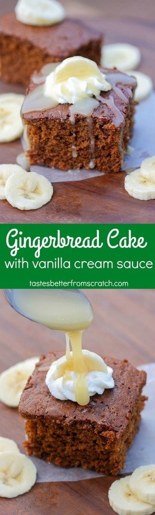 Warm gingerbread cake topped with vanilla cream sauce, bananas and whipped cream! This could be my favorite easy holiday cake recipe ever! | Tastes Better From Scratch