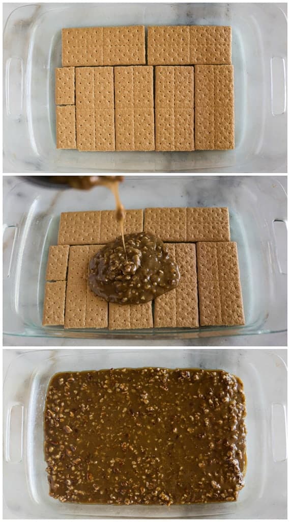 Three overhead photos, the top photo of a 9x13'' glass pan lined with sheets of graham crackers, the next photo with hot toffee mixture poured over the crackers and the last photo of the toffee layer spread into one single layer.