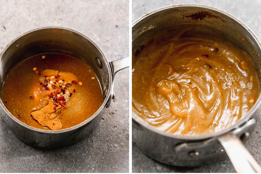 Deux photos de processus pour faire de la sauce au curry pour passer sur des bols de récolte.