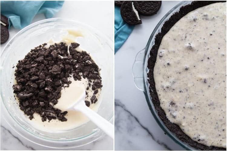Process photos of how to make oreo cheesecake filling