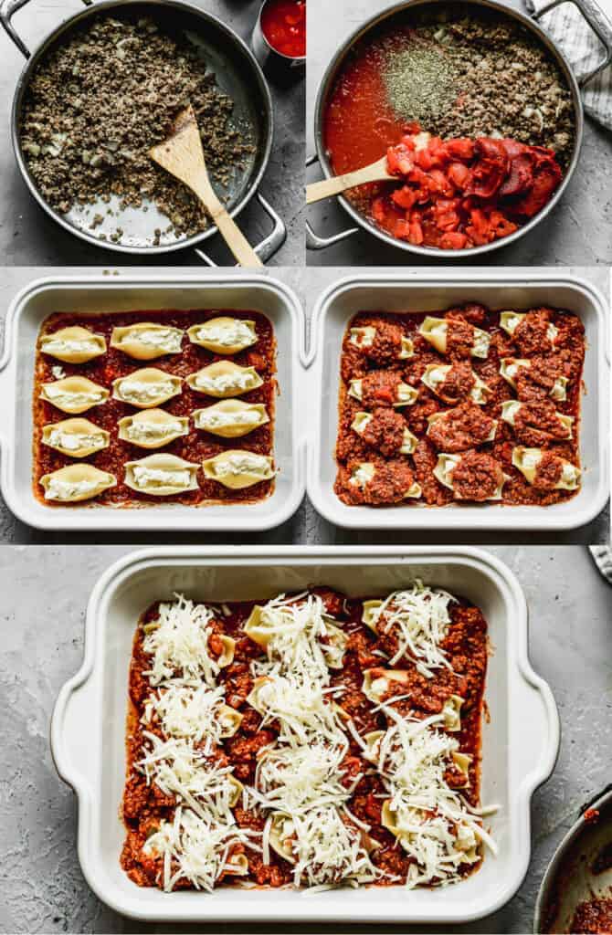 Process photos for cooking the sauce and assembling lasagna stuffed shells in a 9x13 baking pan.