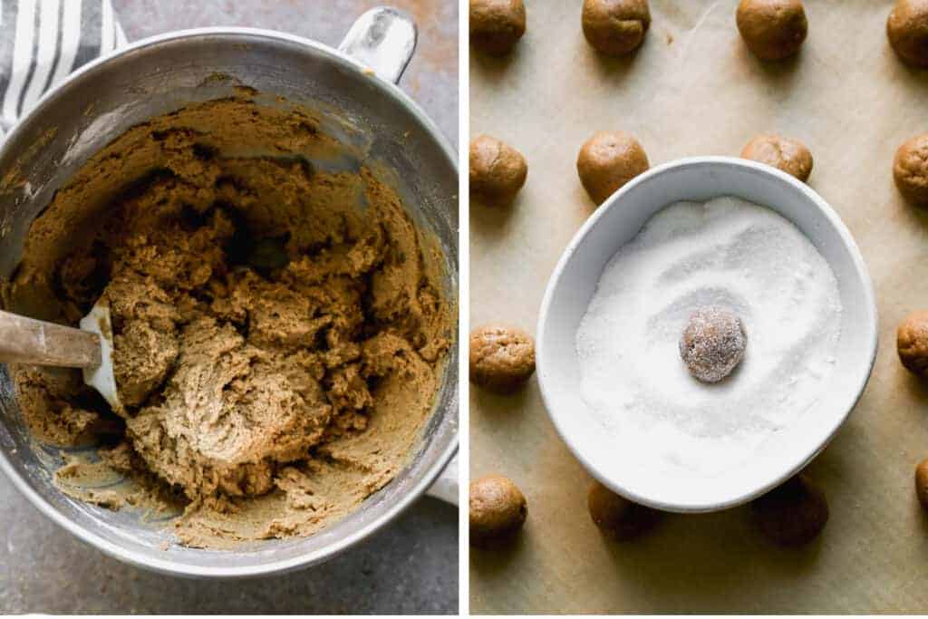A mixing bowl with molasses cookie dough and another photo of the cookie dough balls rolled in sugar.