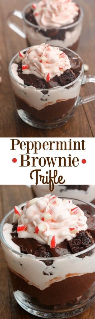 Peppermint Brownie Trifle includes layers of brownie, white chocolate mousse, chocolate pudding and crushed peppermint candies. | Tastes Better From Scratch