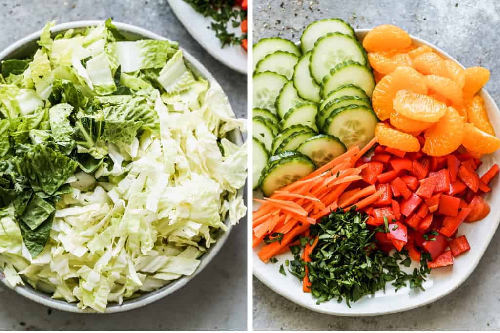 Two plates with shredded lettuce, cabbage, and veggies needed to make Asian Chicken Salad.