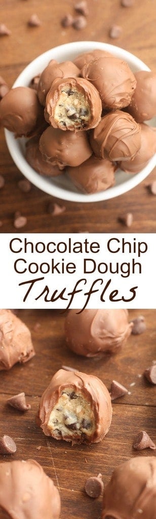 Chocolate Chip Cookie Dough Truffles - A simple egg-free cookie dough dipped in melted chocolate! These bite-size treats are easy and delicious! | Tastes Better From Scratch