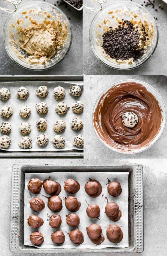 Five process photos for making cookie dough truffles.