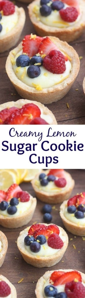 Creamy Lemon Sugar Cookie Cups - my favorite sugar cookie recipe baked in a muffin tin and filled with creamy lemon pie filling. Topped with fresh fruit. A beautiful and easy dessert that will impress your guests! | Tastes Better From Scratch