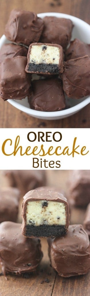 Oreo Cheesecake Bites - Oreo cheesecake recipe cut in squares and dipped in chocolate. An easy, fun treat!| Tastes Better From Scratch