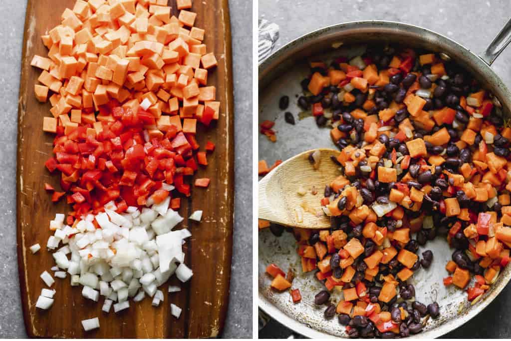 A cutting board with chopped sweet potato, bell pepper and onion next to a skillet with the sautéed vegetables and black beans.