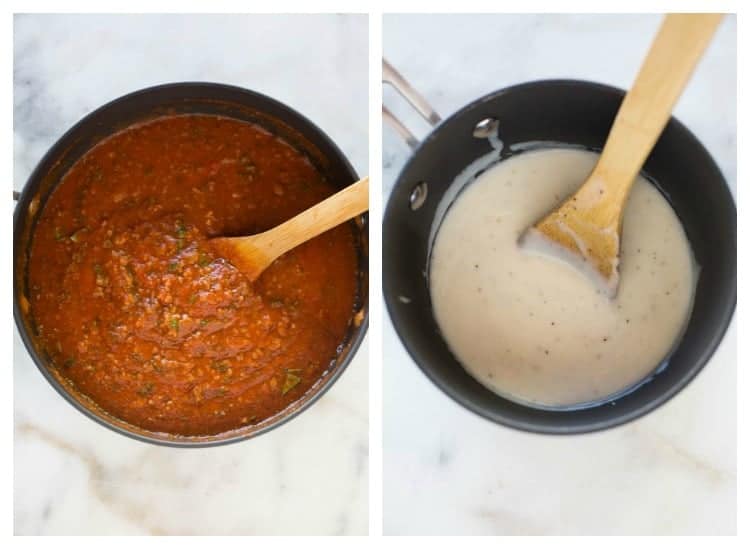 Side by side photos of red sauce and bechamel sauce for lasagna.