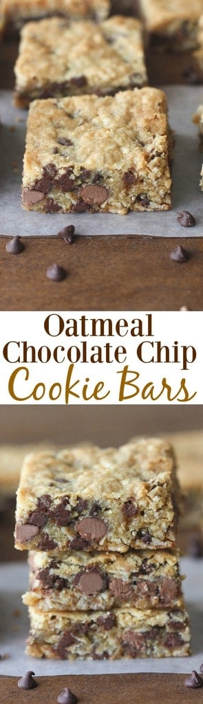 Oatmeal Chocolate Chip Cookie Bars - thick and chewy cookie bars with oats and chocolate. A family favorite!| Tastes Better From Scratch