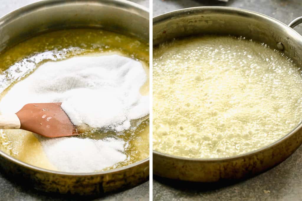 Kolase dua gambar yang menunjukkan proses pembuatan sirup permen untuk Sweet Chex Mix.
