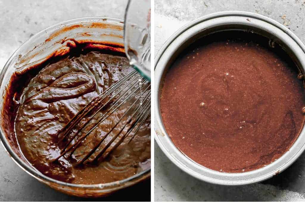 Boiling water added to chocolate cake batter, then the batter in a round cake pan, ready to bake.
