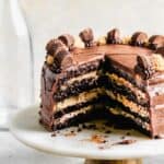 A cake stand displaying a Chocolate peanut butter cake with a few slices removed, showing the layers inside. .