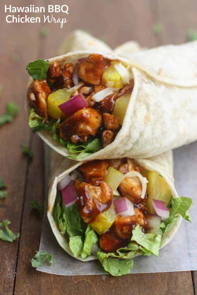 Nothing better than a little Hawaiian twist to BBQ chicken, layered inside a tasty wrap! These Hawaiian BBQ Chicken Wraps are EASY, healthy and delicious.