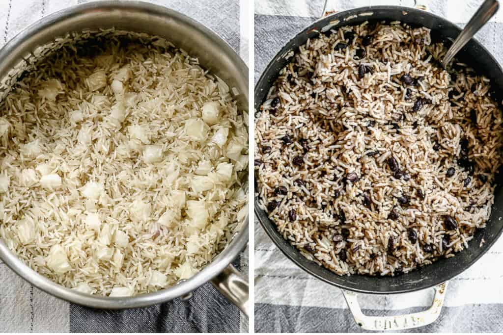 Process pictures for rice showing uncooked rice with onion then a picture of cooked rice and black beans for BBQ Chicken Bowls. 