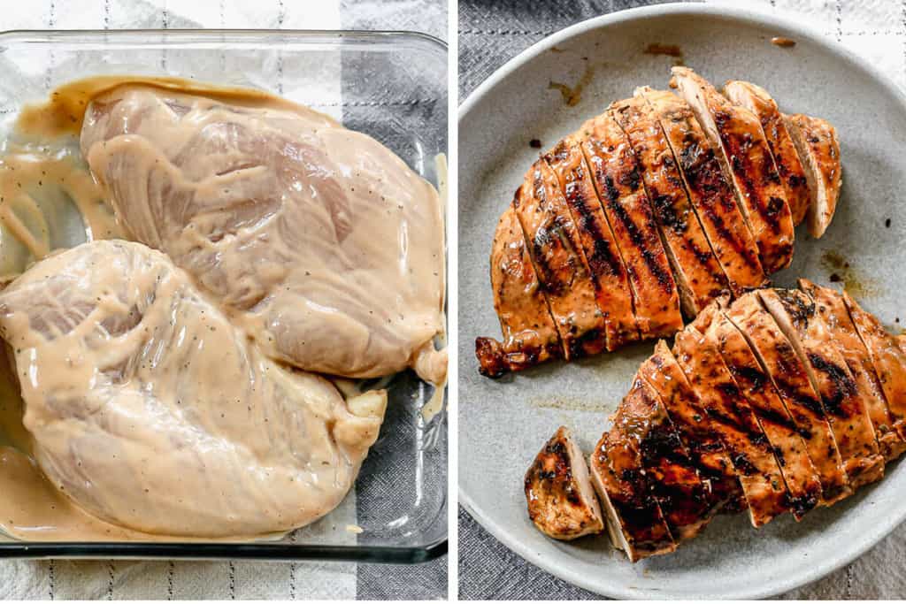 Two images showing raw chicken being marinated, and then freshly grilled chicken.