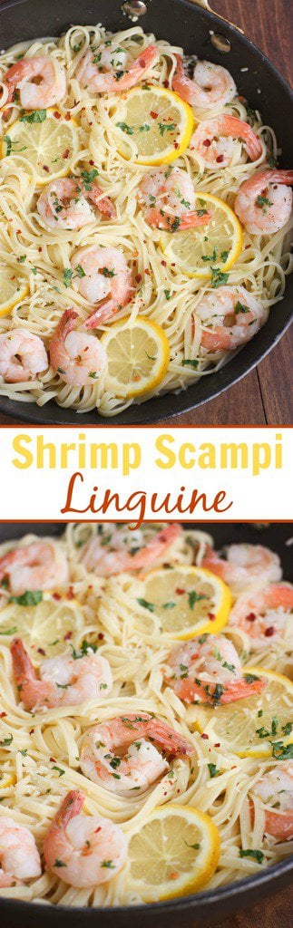 Garlic sauteed shrimp covered in a lemon butter sauce, served with linguine. An easy dinner idea that takes less than 20 minutes to make.| Tastes Better From Scratch