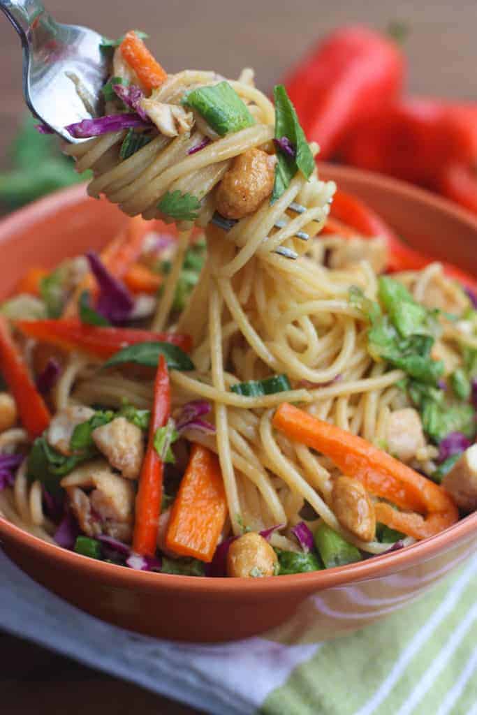 Better than take-out Thai Peanut Chicken Pasta - The perfect easy dinner recipe that's bursting with flavor and uses simple pantry ingredients with sautéed veggies, chicken and a creamy thai peanut sauce. | Tastes Better From Scratch