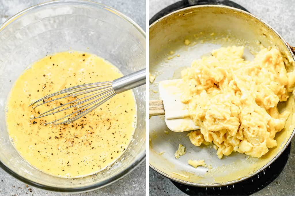 Two images showing how to make scrambled eggs.