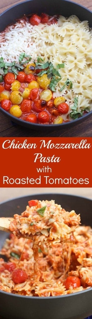  Warm and cheesy Chicken Mozzarella Pasta with Roasted Tomatoes is an easy, family-friendly pasta that takes less than 30 minutes to make! | Tastes Better From Scratch