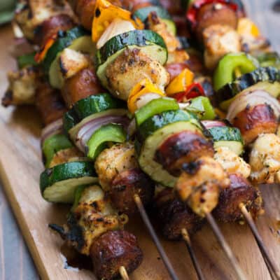 Cajun Chicken and Sausage Kebabs with bell peppers, zucchini and onion. | tastesbetterfromscratch.com