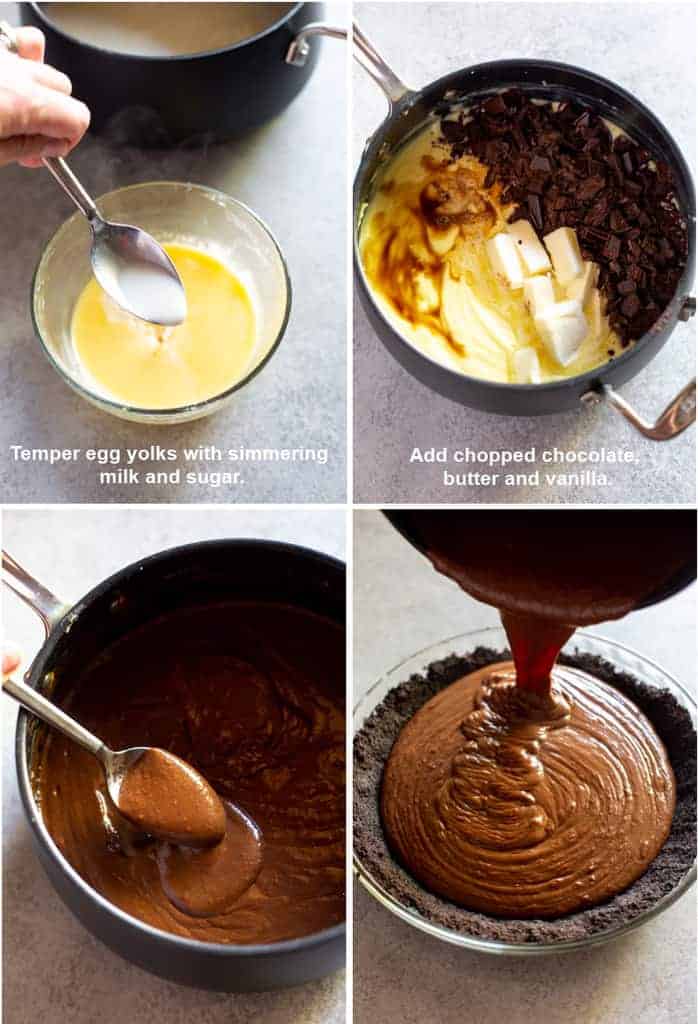Four process photos for making chocolate pudding pie filling, including a spoon pouring hot milk into whisked egg yolks in a bowl, a saucepan with pudding filling, chopped chocolate, butter and vanilla, a spoon lifting the pudding filling from the saucepan, and the filling poured into a pie dish with an Oreo pie crust in it.