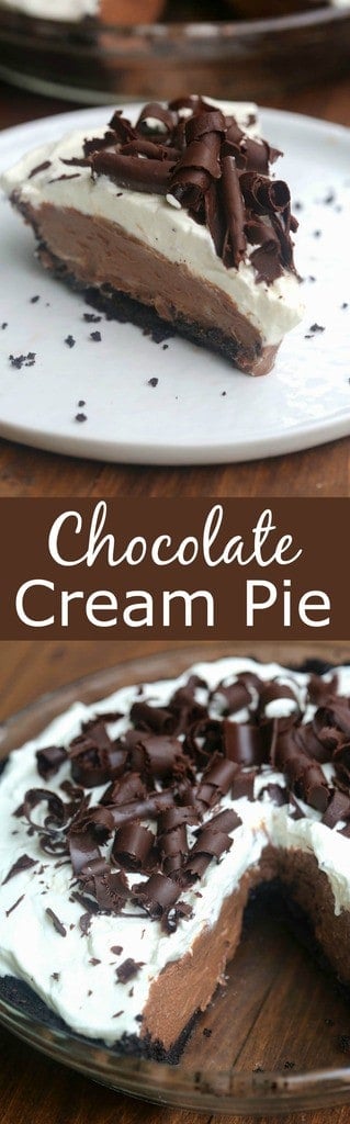 Chocolate Cream Pie - amazing homemade chocolate pudding layered inside an oreo pie crust and topped with sweetened whipped cream and chocolate curls | Tastes Better From Scratch