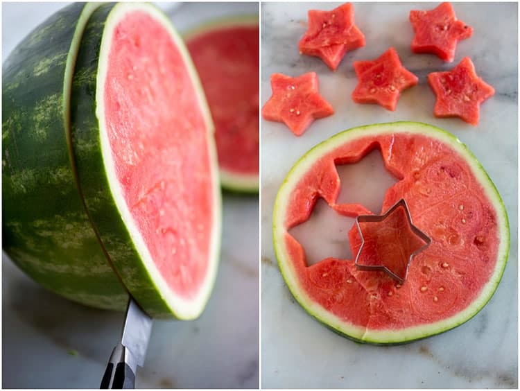 Side by side photos showing a watermelon sliced into 1 inch thick rounds, and then star shapes cut from the watermelon flesh with a metal star cookie cutter.