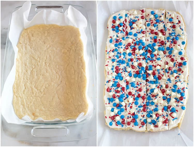 A glass 9x13 inch pan lined with parchment paper with baked sugar cookie bars in it, next to another photo of the same cookie bars spread with white frosting with red, white and blue candy on top.