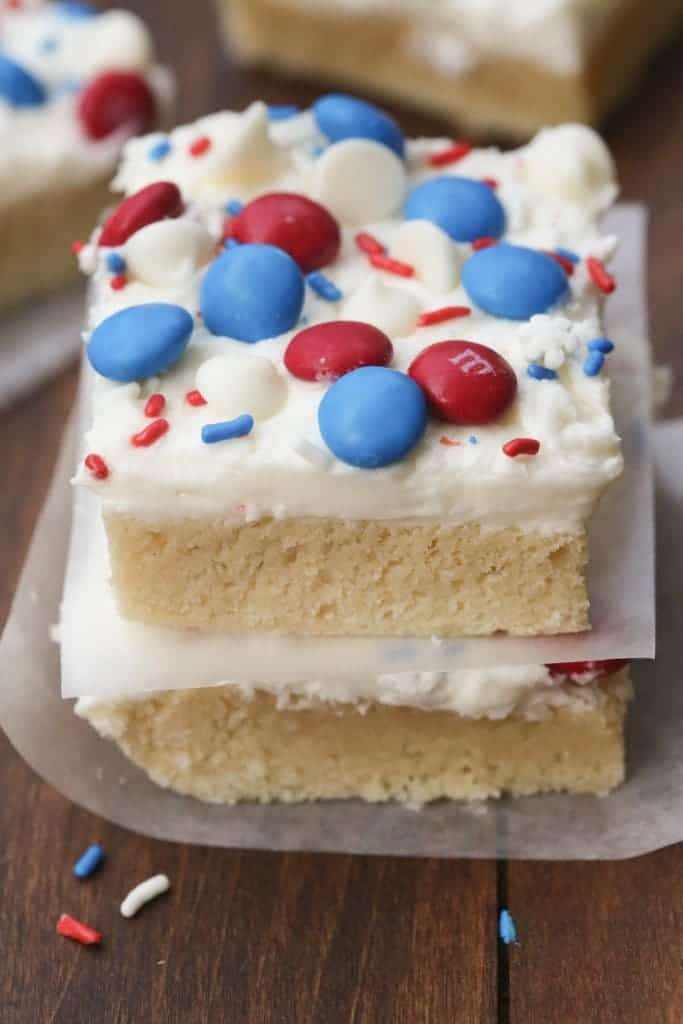 Patriotic Sugar Cookie Bars are my FAVORITE! Super soft and chewy sugar cookie bars with the best homemade frosting. | Tastes Better From Scratch