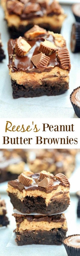 Reese's Peanut Butter Brownies are a chocolate and peanut butter lover's dream! Chewy homemade brownies with an amazing smooth peanut butter frosting. Topped with chocolate glaze and mini reese's cups. - Tastes Better From Scratch 