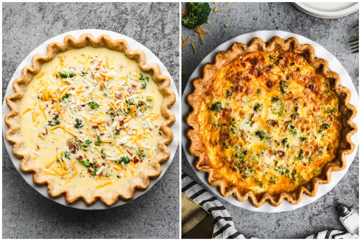 Two images showing a broccoli quiche recipe before and after it's baked to golden brown.