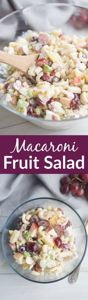 Creamy Macaroni Fruit Salad with a wonderful sweet and tangy crunch and combination of flavors perfect for a potluck meal or easy side dish! | Tastes Better From Scratch