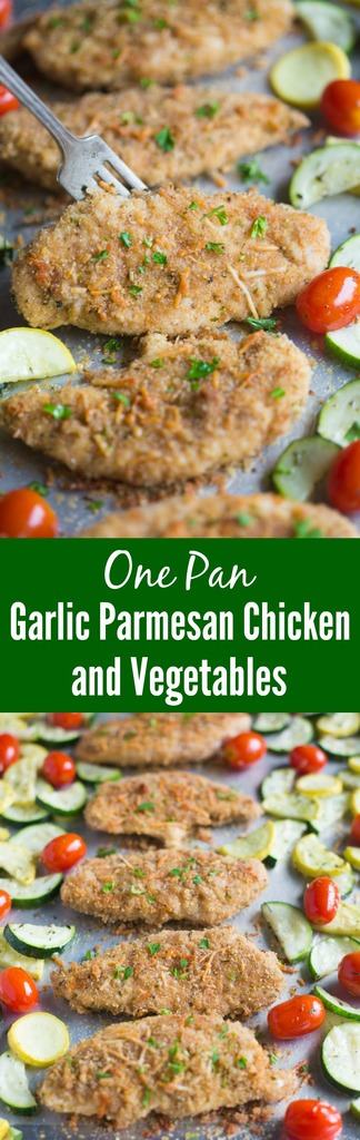 This easy and delicious One Pan Garlic Parmesan Chicken and Vegetables includes tender breaded chicken tenders and fresh seasonal vegetables all roasted on just one pan. An easy dinner recipe your entire family will love! | Tastes Better From Scratch