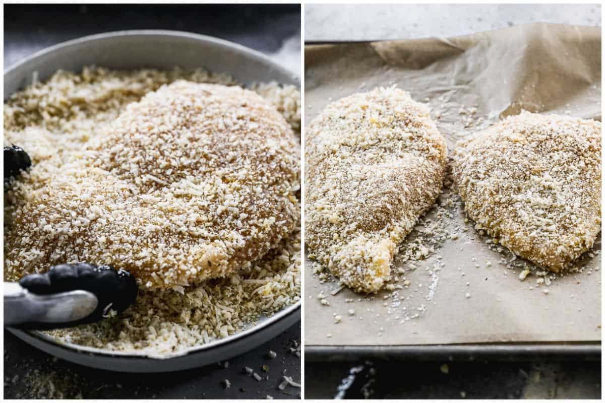 Two images showing how to make Parmesan Crusted Chicken by dipping in an olive oil mixture then coating in breadcrumbs and seasoning before laying on a parchment lined baking sheet.