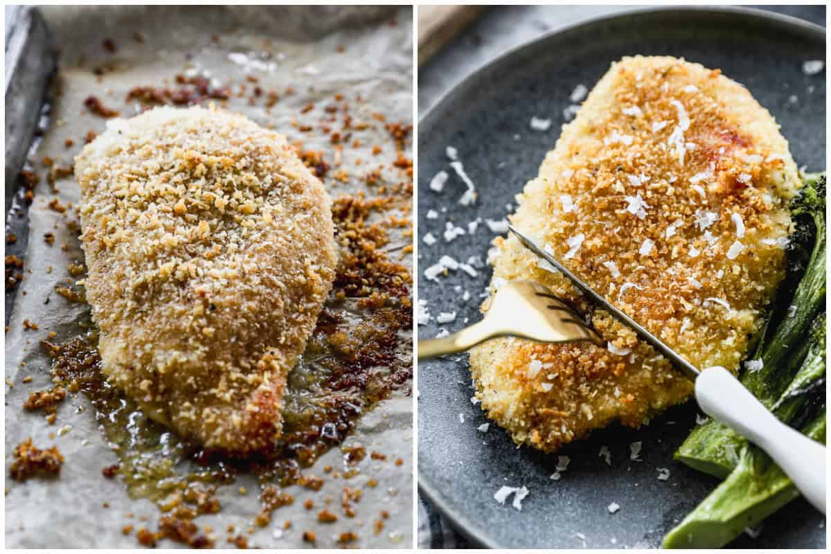 Two images showing Parmesan Crusted Chicken breast on a parchment lined baking sheet, freshly baked, then served on a plate with broccolini.