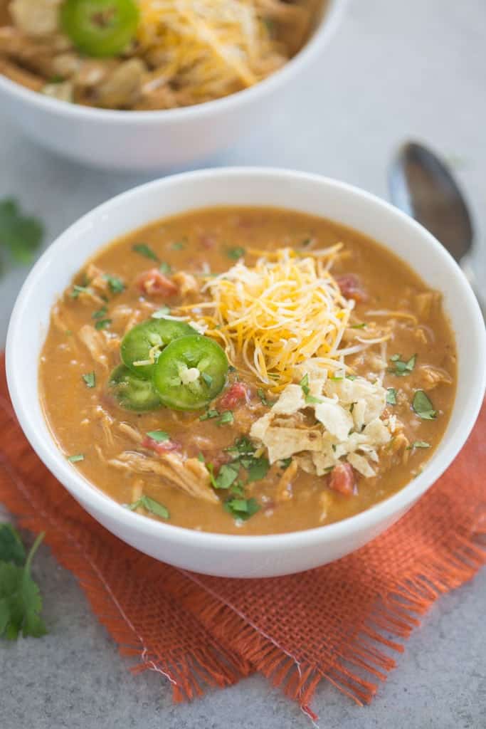 Slow Cooker King Ranch Chicken Soup in a dinner bowl.