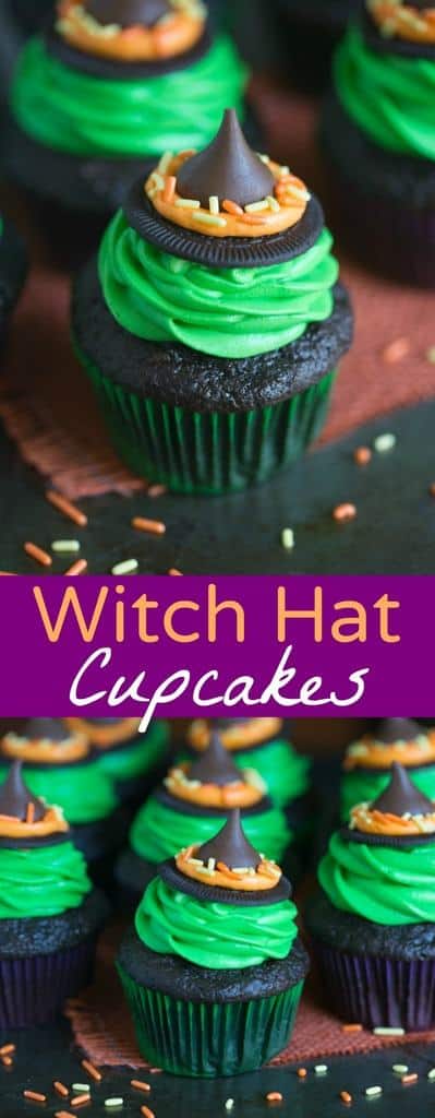 Witch Hat Cupcakes that take just 5 ingredients to make! You kids will love helping you make these fun and easy Halloween cupcakes! | Tastes Better From Scratch